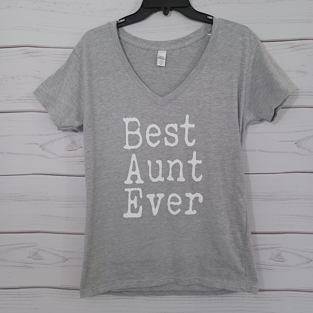 Tultex Ringspun Cotton Casual Gray Best Aunt Ever Neutral V-neck T-shirt Top